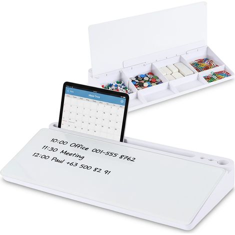 Relaxdays Desk Organiser with Whiteboard, 8 Compartments, Plastic, Glass, HWD: 5.5 x 40 x 18 cm, Office Organizer, White