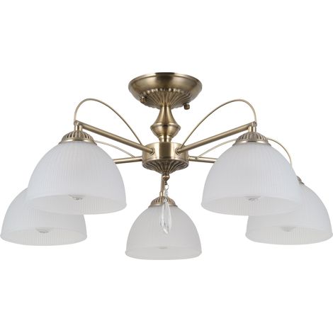 Plafonnier vintage laiton, globes opale 5xE27 Italux (1/2)