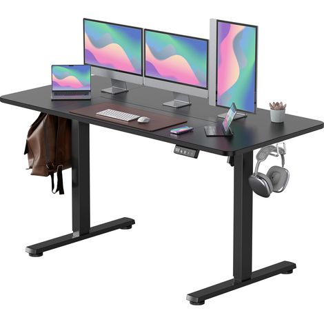 Bureau électrique réglable en hauteur 160 x 60 cm avec contrôle à mémoire et technologie anti-collision, roulettes, planche d'épissage, cadre noir/plateau de table noir (1/5)