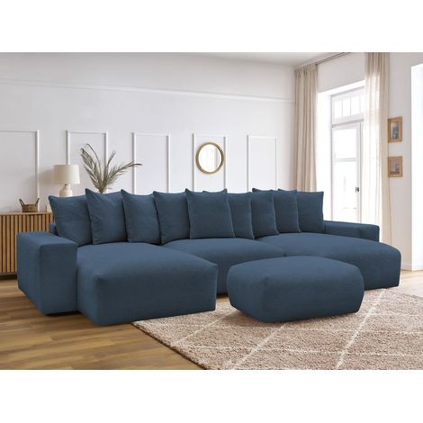BOBOCHIC - Canapé panoramique convertible coffre VOLTAIRE tissu chiné avec pouf Bleu foncé (1/5)