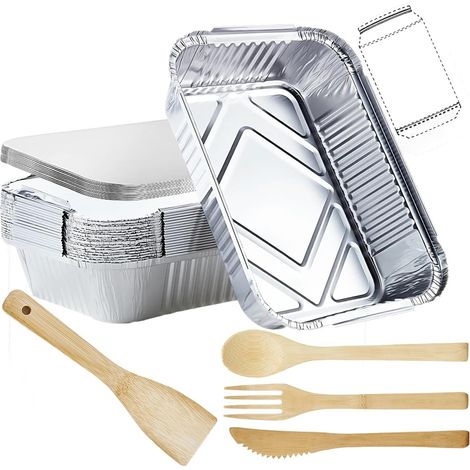 Lot de 4 barquettes en aluminium avec couvercle - 1900 ml - 26 x 19 x 6 cm - Jetables - Pour barbecue à gaz et couverts de voyage - En bambou - Plat à gratin (1/5)