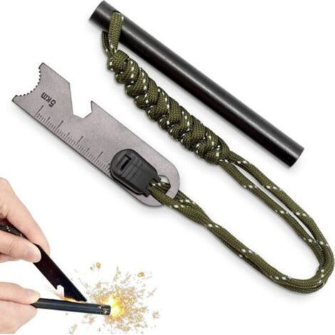 Kit de encendido 7 en 1, iniciador de fuego de supervivencia, kit de encendido de magnesio, pedernal de 10 mm de diámetro, pedernal de supervivencia con raspador multiherramienta para acampar, senderi (1/5)