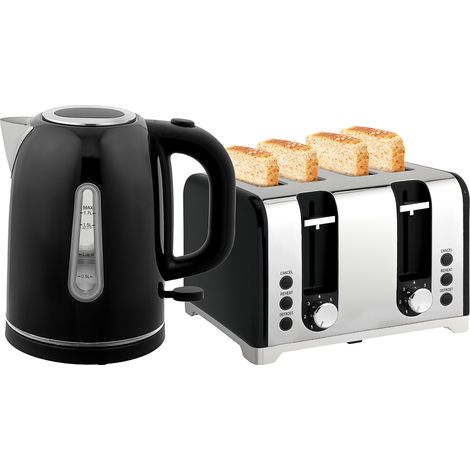 HOMCOM 4 Slice Wide Slot Toaster and 1.7L Rapid Boil Kettle Set, Black