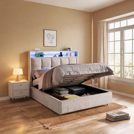 Cadre de lit beige en lin MDF 215 x 109,5 x 105 cm (1/5)