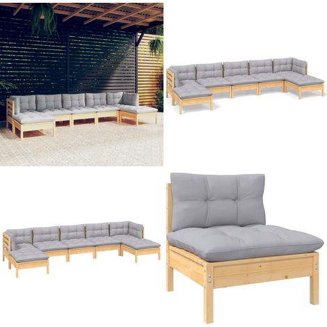 7-tlg. Garten-Lounge-Set mit Grauen Kissen Kiefernholz - Garten Lounge Set - Kiefernholz Möbel - Outdoor Furniture - Loungemöbel - Gartenmöbel - Home & Living (1/5)
