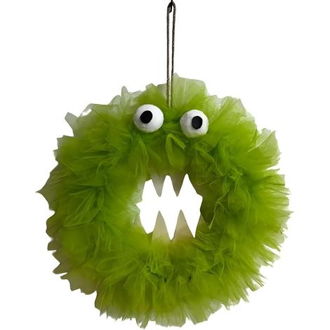 Couronne d'Halloween en maille verte avec yeux et dents décoratives (1/5)