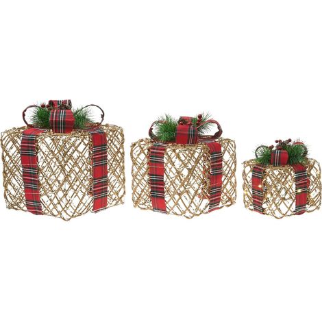 Set di 3 scatole regalo decorative natalizie con luci LED bianche calde fiocchi e decorazioni festive per interni marroni Vandet (1/5)
