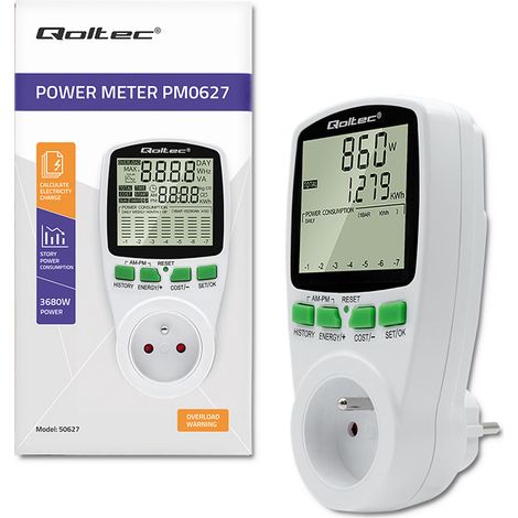 Wattmètre Qoltec PM0627 avec historique des mesures  3680 W  16 A  LCD (1/5)
