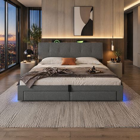 REDOM Cama tapizada 218x182x107 cm, almacenaje hidráulico, USB y Tipo C, LED con app, lino gris (1/5)