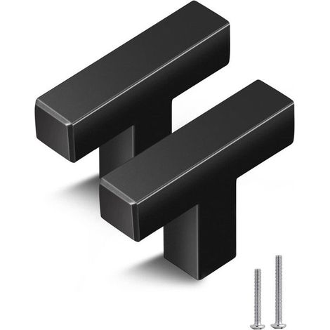 BelleRise - Lot de 10 poignées carrées en T noires, à trou unique, pour placard, salle de bain, commode, porte, noir mat (1/5)