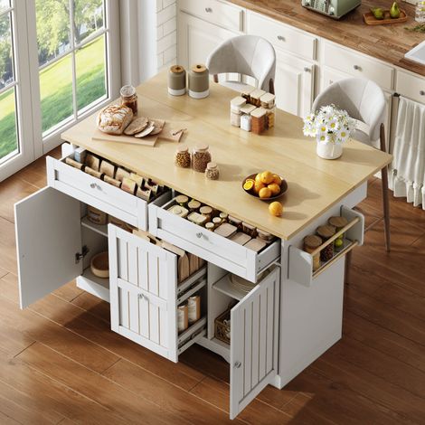 Îlot de cuisine 120x70x92 cm natural et blanc en MDF avec plateau rabattable et roulettes freinées (1/5)