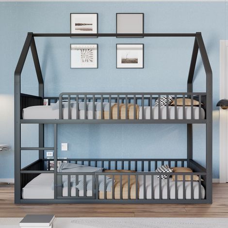 Lit superposé 140 x 200 cm en métal noir avec escalier et petite porte ouvrable, design loft (1/5)