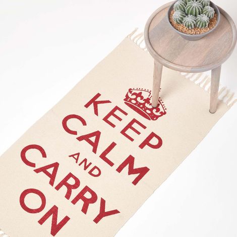 HOMESCAPES Keep Calm And Carry On Handwoven 100% Cotton Rug in Red & White, 60 x 100 cm