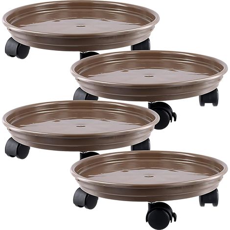 Lot de 4 supports de plantes à roulettes de 33 cm - Marron - Avec roulettes - Pour l'intérieur et l'extérieur (1/5)