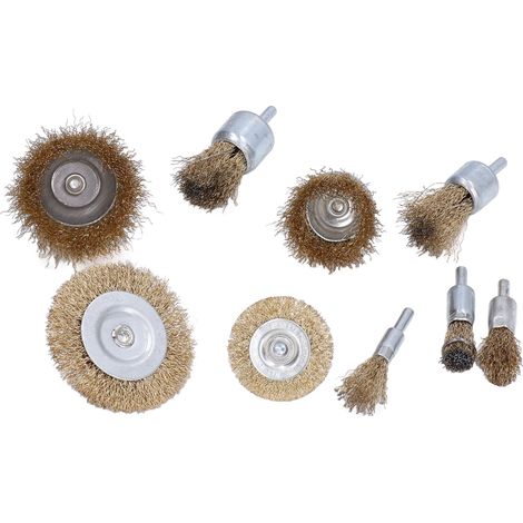 Ensemble de 9 brosses à jantes en acier inoxydable et laiton pour le nettoyage et l'élimination de la rouille (1/5)