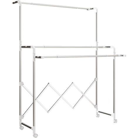 Étendoir à linge pliable et autoportant avec 3 barres réglables, étendoir à linge tour en acier inoxydable sur roulettes, utilisable à l'intérieur comme à l'extérieur. (1/5)