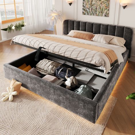 Lit coffre rembourré 180x200 cm, sommier à lattes relevable, éclairage LED, tête de lit et design arrondi, chenille anthracite (1/5)