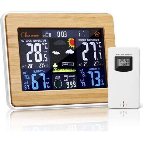 Wireless digital weather station with outdoor sensor – with time, date, temperature, humidity, barometer, alarm, moon phase display, multifunction thermometer (black)…