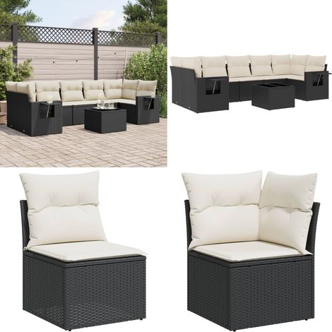 Salon de jardin 8 pcs avec coussins noir résine tressée - Ensemble Salon De Jardin - Meuble De Jardin - Salon D'extérieur - Canapé Jardin - Table Basse Jardin - Home & Living (1/5)