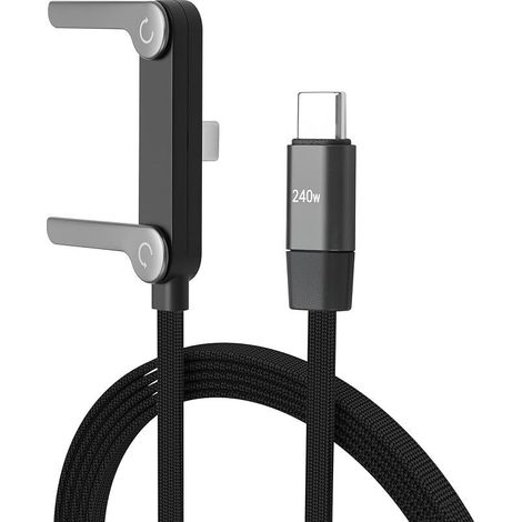 Câble de charge rapide 240 W avec support de téléphone USB de type C mâle vers mâle avec support de téléphone intégré en forme de T, cordon tressé durable (1,5 m) (1/5)