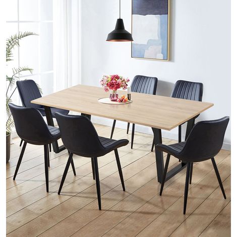 Hallowood Dudley Dining Table and Chairs Set 6, Modern Table and Chairs Set 6 with U-Shaped Metal Legs and Black Bonded Leather Chairs for Home or Cafe Use (180cm) (1/5)