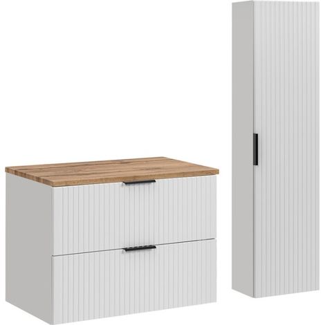 Set da bagno NOXERA 80 cm – Mobile sospeso bianco alpino con piano per lavabo in quercia wotan e colonna a muro