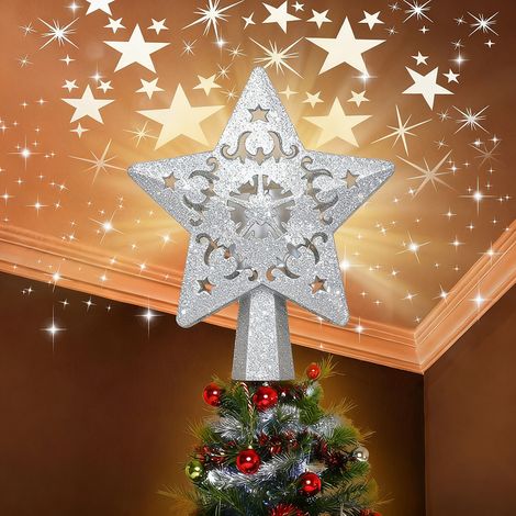 Décoration de sapin de Noël avec projecteur LED intégré, Décoration de sapin de Noël en forme d'étoile, Décorations de Noël 3D à paillettes, argentées (1/5)