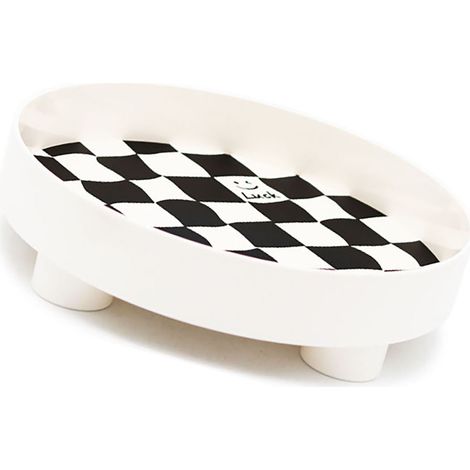 Plateau de rangement rond à damier, blanc, grand format, idéal pour fruits, parfums et bijoux. (1/5)