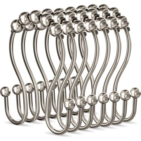 Rostfreie Duschvorhangringe aus Metall mit leichtgängiger Gleitfunktion, doppelte Duschvorhanghaken für Badezimmer, Duschvorhangstange, Küchenutensilien, 12er-Set, Nickel (1/4)