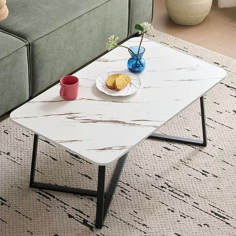 TrAdE Shop Traesio - Tavolino Rettangolare Basso Con Piano Effetto Marmo Gambe Incrociate Per Soggiorno Salotto - Bianco (1/3)