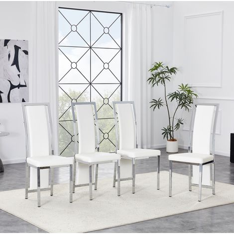 REDOM - Juego de 4 sillas de comedor, respaldo alto curvo, estructura de metal plateado, revestimiento de PU blanco (1/5)