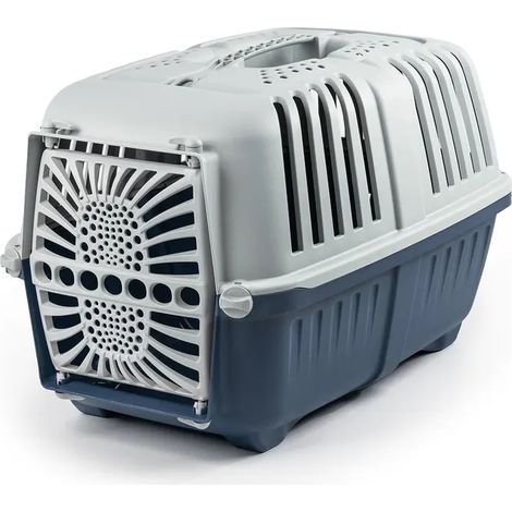 Boîte de transport pour animaux Lionto, robuste et en plastique, avec système de fermeture sécurisé et ventilation optimale, 55 x 36 x 36 cm, bleu foncé (1/4)