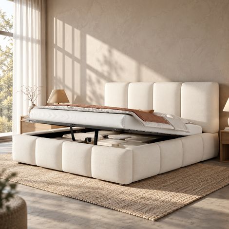 MODFU – Lit coffre 180x200 cm bouclé – Coffre hydraulique et sommier lattes – Tête rembourrée et charge 220 kg – Chambre – Blanc (1/5)
