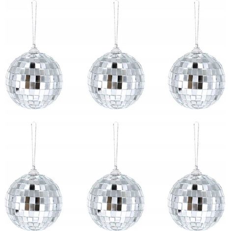 Colgantes decorativos con forma de bolas de discoteca, espejo plateado, 7 cm, 6 unidades. (1/5)