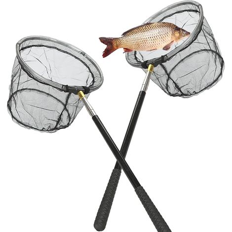 Lot de 2 épuisettes télescopiques - 2 pièces - Aluminium et Nylon - Réglable de 40,5 à 151,5 cm - Pour pêche et nettoyage piscine - Noir (1/5)