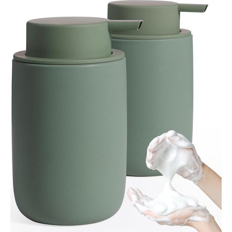 Lot de 2 distributeurs de savon mousse en céramique rechargeables avec grande pompe et étiquette vert mat pour cuisine, salle de bain, plan de travail 350 ml (1/5)