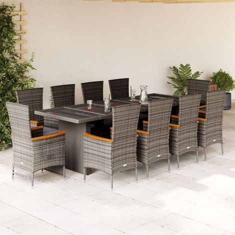 Ensemble repas de jardin 11 pièces en polyrotin avec chaises grises et fauteuils inclinables - PANGIVO (1/5)