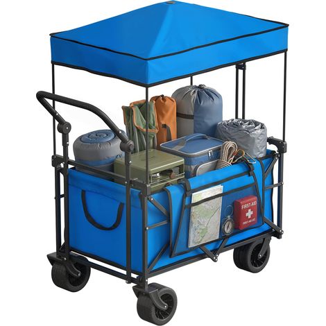 Chariot de jardin pliable roues bloquables barre ajustable porte-gobelet 125x59x133 cm bleu