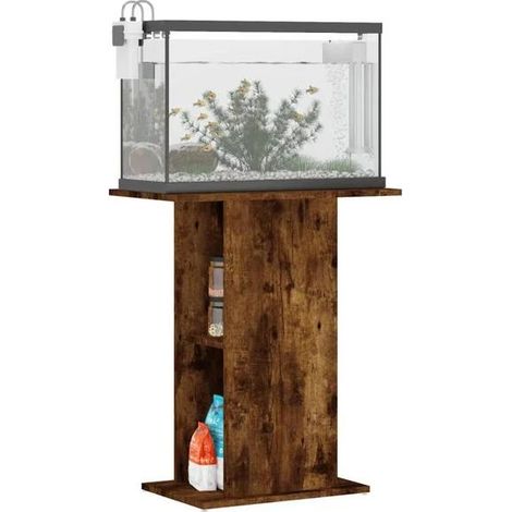 Support pour aquarium en chêne fumé, dimensions : 60,5 x 36 x 72,5 cm, fabriqué en bois composite.
