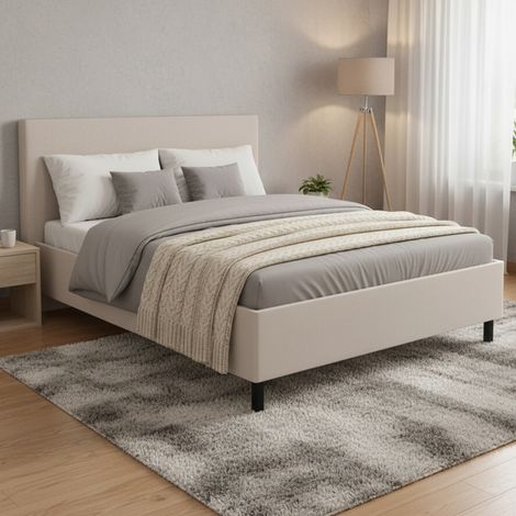 Cama Doble Uboldo, Cama Matrimonial Tamaño Colchón 160x200 cm, Acolchada, Cabecera Acolchada, Beige (1/5)