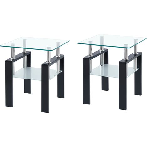 Set de 2 mesas de centro de vidrio templado transparente 45 x 45 x 52 cm con patas negras (1/5)