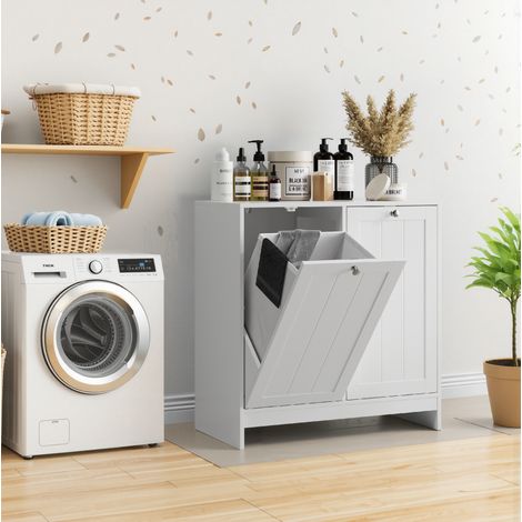 Wäschekorb 2 Fächer weiß aus MDF und Spanplatte mit herausnehmbaren Körben und Kippschutz (1/5)