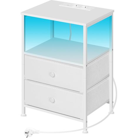 Table de Chevet avec Prises WOLTU, Table d'Appoint avec 2 Tiroirs en Tissu, Éclairage LED, Blanche, Métal + MDF