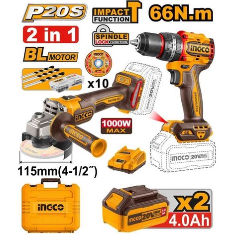 Kit P20S perceuse à percussion et disqueuse avec accessoires - Tension: 20 V - Ø disque meuleuse: 115 mm - emmanchement M14 - Couple maxi perceuse à percussion: 66 Nm - mandrin: 13 mm (1/4)