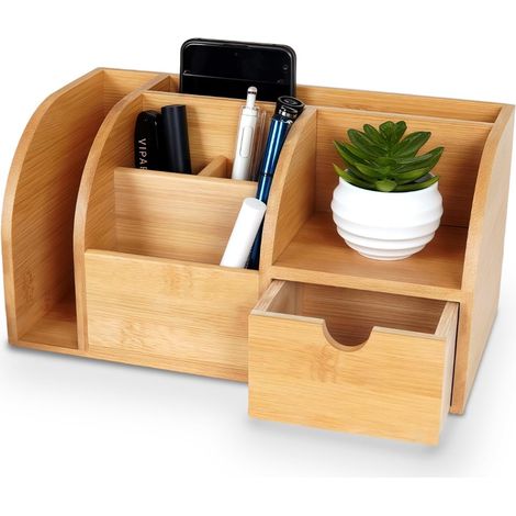 Bamboo Desk Organizer with Drawers - Wooden Desktop Storage Box with Multiple Compartments - Multifunctional Countertop Organizer for Office Supplies, Remote Control, Makeup, Stationery (1/5)