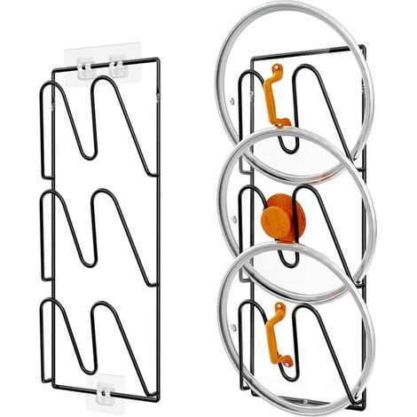 Ensemble de 2 supports de rangement pour couvercles de casseroles, porte-couvercles à 3 niveaux, sans perçage, adhésif mural, antirouille pour ranger casseroles et poêles.