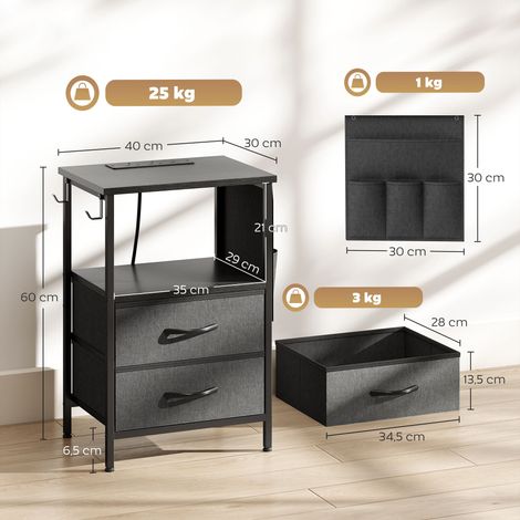 Table basse/table d'appoint avec station de charge, structure en acier, ports USB-C, tiroirs, crochets, 40 cm x 30 cm x 60 cm, noire (1/5)