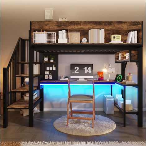 Cama alta vintage madera y metal marrón/negro 90x200 cm con escritorio esquinero, escalera con almacenaje, LED y USB (1/5)