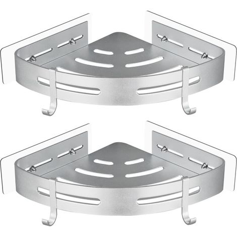 No Drilling Metal Shower Corner Shelf with 2 Shower Hooks, Self-Adhesive Rustproof Bathroom Item Holder, 2 Pack (Silver)