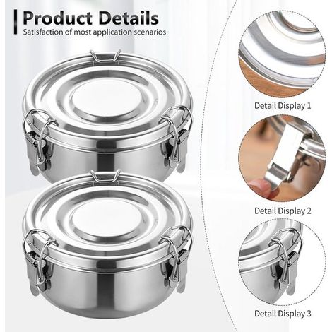 Boîtes à snacks rondes en acier inoxydable 304, lot de 3, Ø 10 cm, étanches, pour fruits, noix, aliments et soupe, argent (1/5)